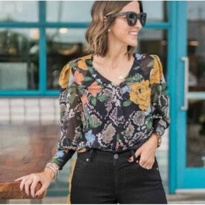 Cabi Snake Charmer semi sheer top with cute designed sleeves / size large